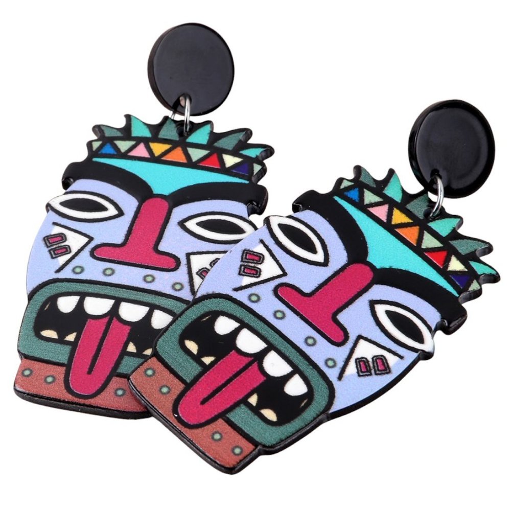 Large Big Colourful Hawaiian Tiki Mask Statement Earrings Multi Coloured